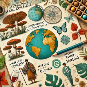 Journal 20 DALL·E 2024 08 23 18.16.11 An inspiring and creative image representing sustainable and tailor made travel experiences. The scene includes diverse elements like a map an artist