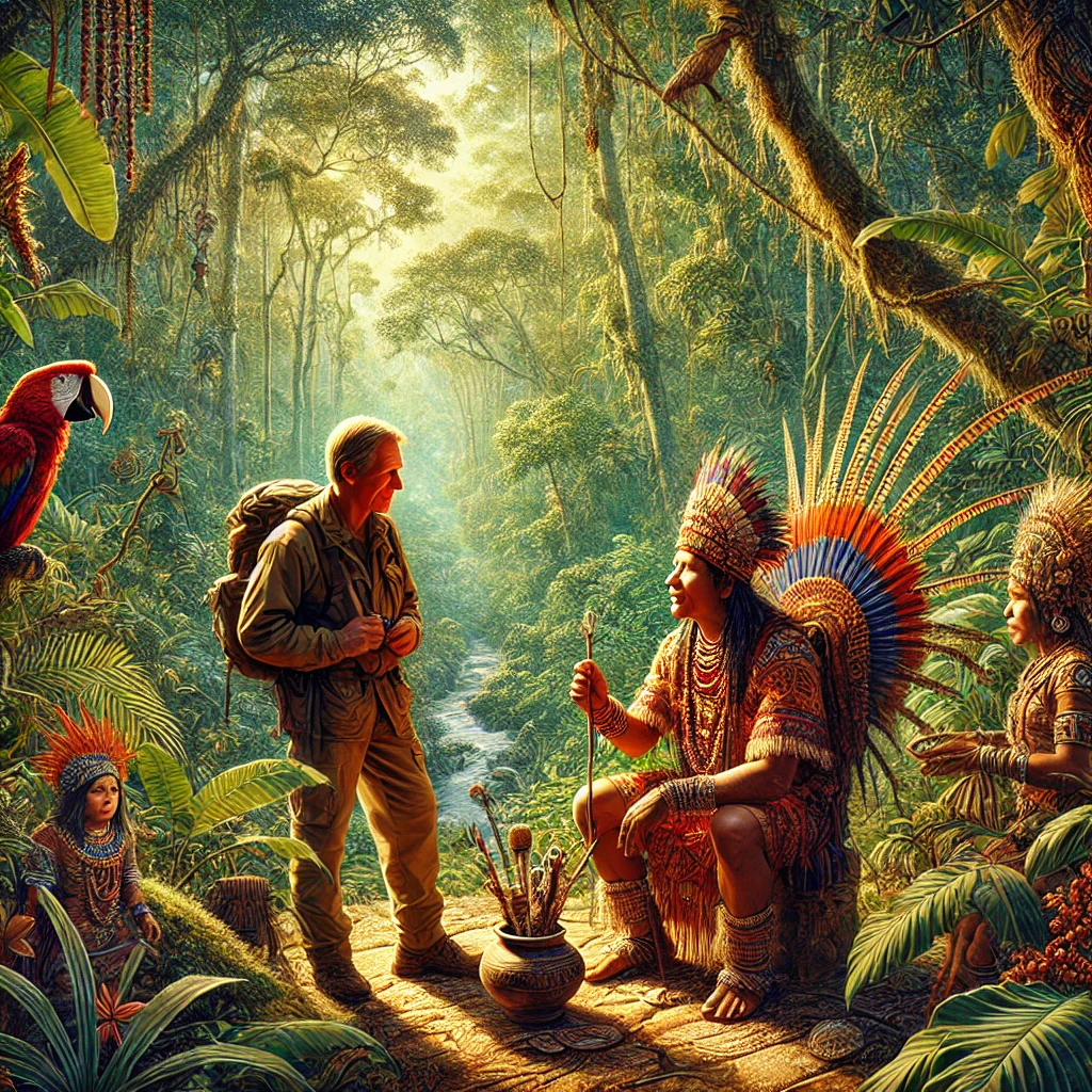 DALL·E 2024 08 23 18.24.49 A detailed and vibrant image of a tourist meeting with a shaman in the Amazon rainforest. The scene captures a traditional shaman dressed in indigenou